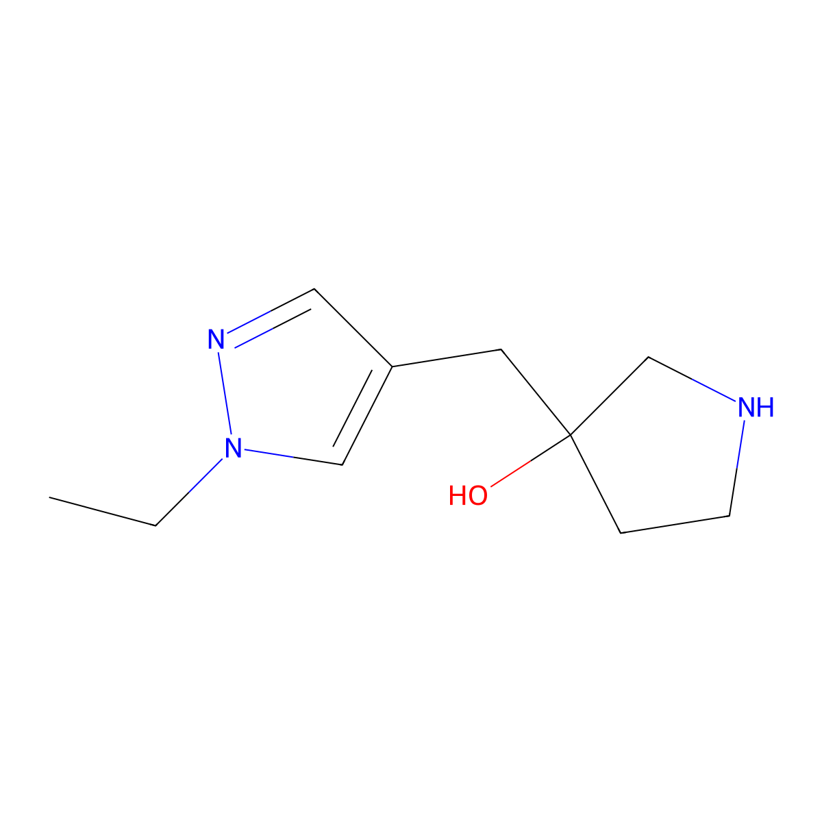 3-((1-Ethyl-1h-pyrazol-4-yl)methyl)pyrrolidin-3-ol molecular structure, CAS 1341606-21-0
