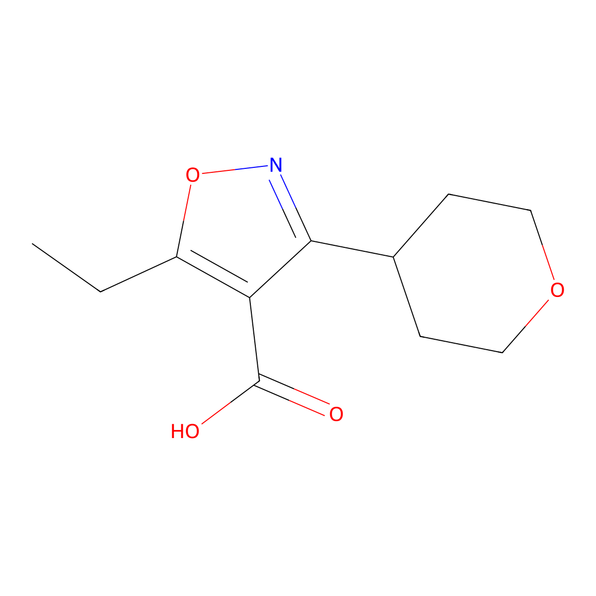 5-Ethyl-3-(oxan-4-yl)-1,2-oxazole-4-carboxylic acid molecular structure, CAS 1341671-57-5