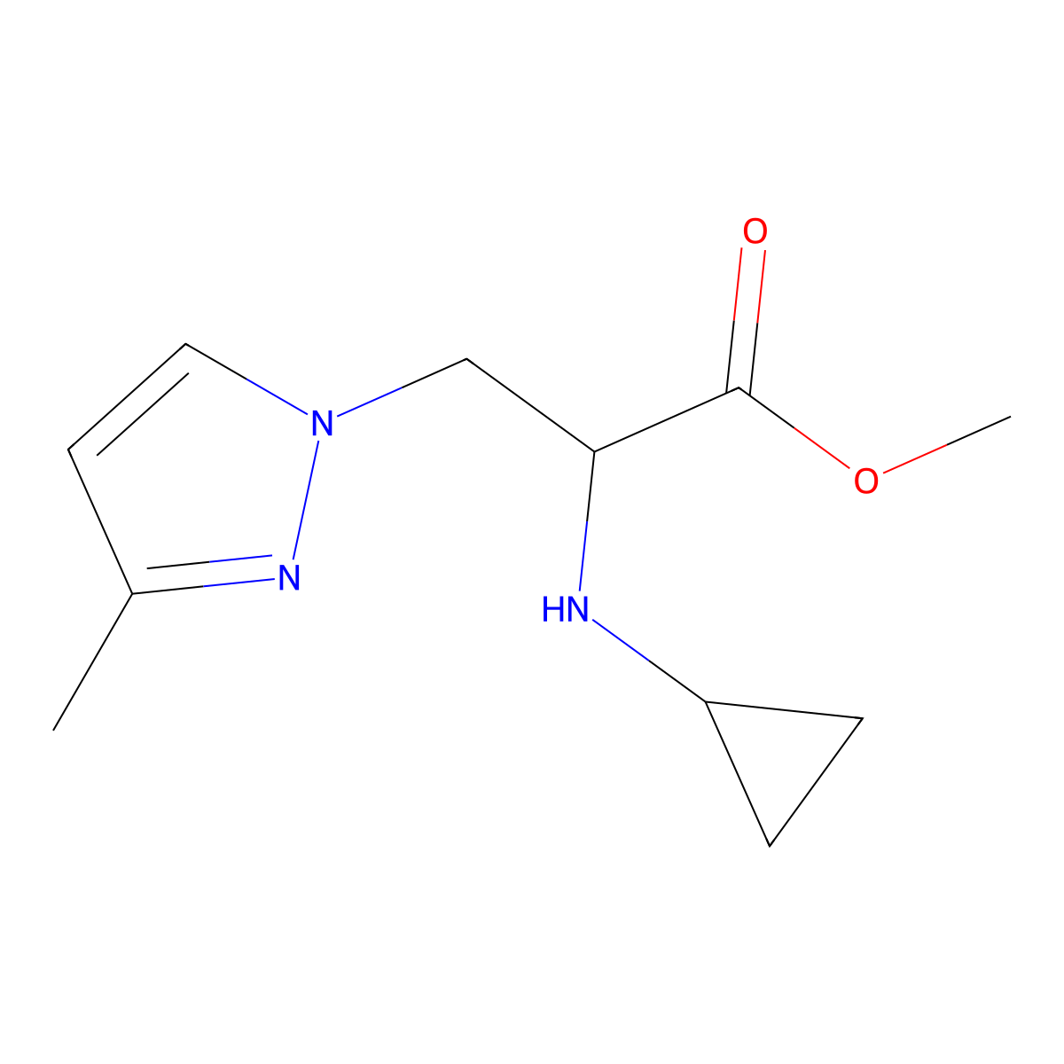 Methyl 2-(cyclopropylamino)-3-(3-methyl-1h-pyrazol-1-yl)propanoate molecular structure, CAS 1341712-38-6