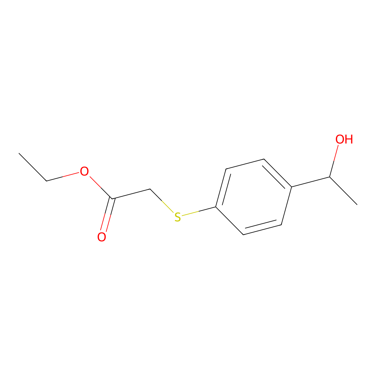 Ethyl 2-{[4-(1-hydroxyethyl)phenyl]sulfanyl}acetate molecular structure, CAS 1341754-12-8