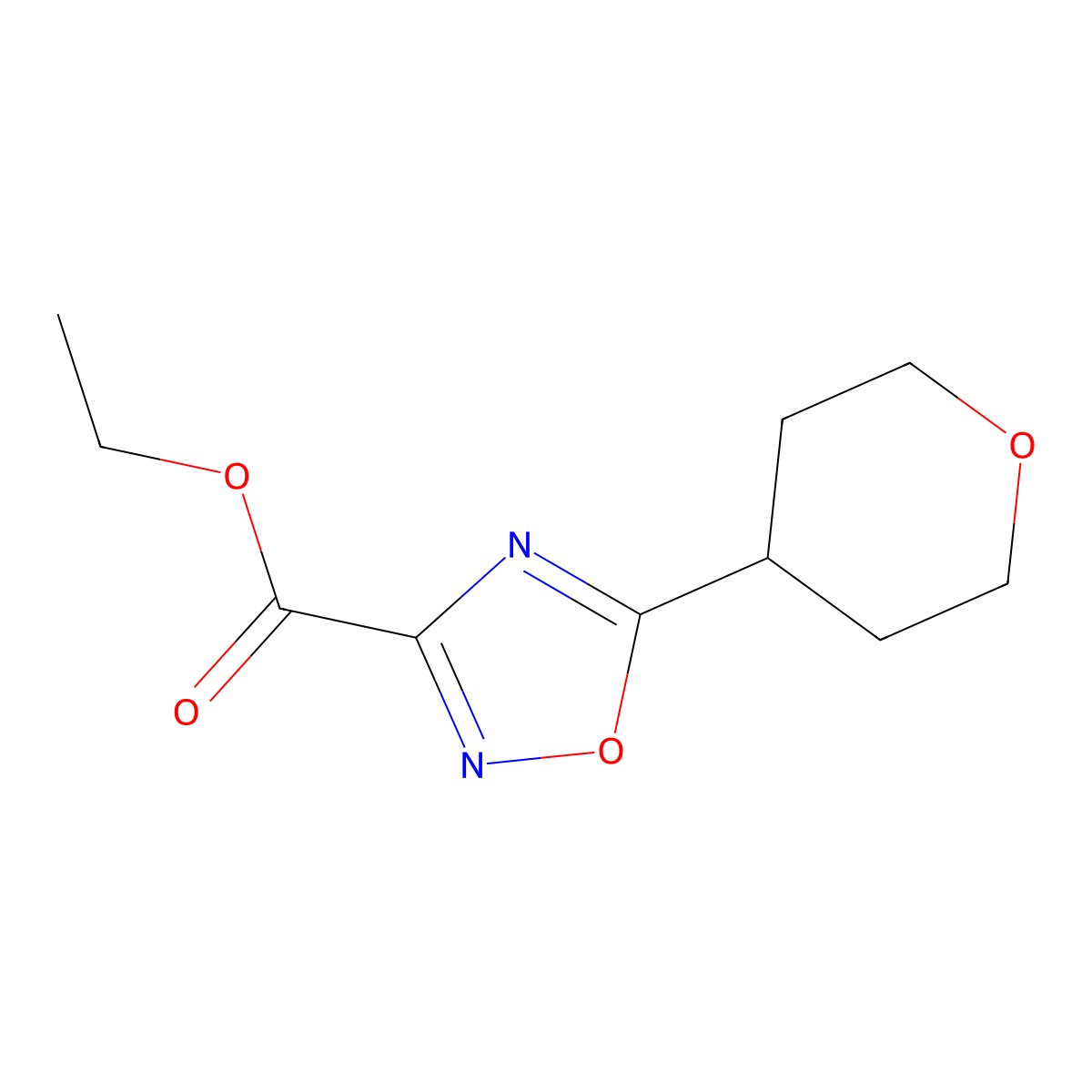 Ethyl 5-(oxan-4-yl)-1,2,4-oxadiazole-3-carboxylate molecular structure, CAS 1341975-51-6