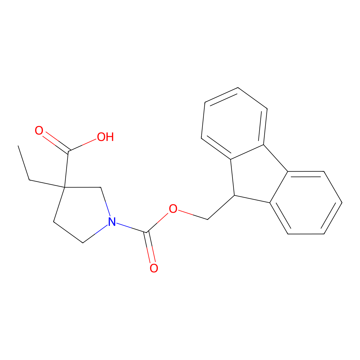 3-ethyl-1-(((9H-fluoren-9-yl)methoxy)carbonyl)pyrrolidine-3-carboxylic acid molecular structure, CAS 1341977-71-6