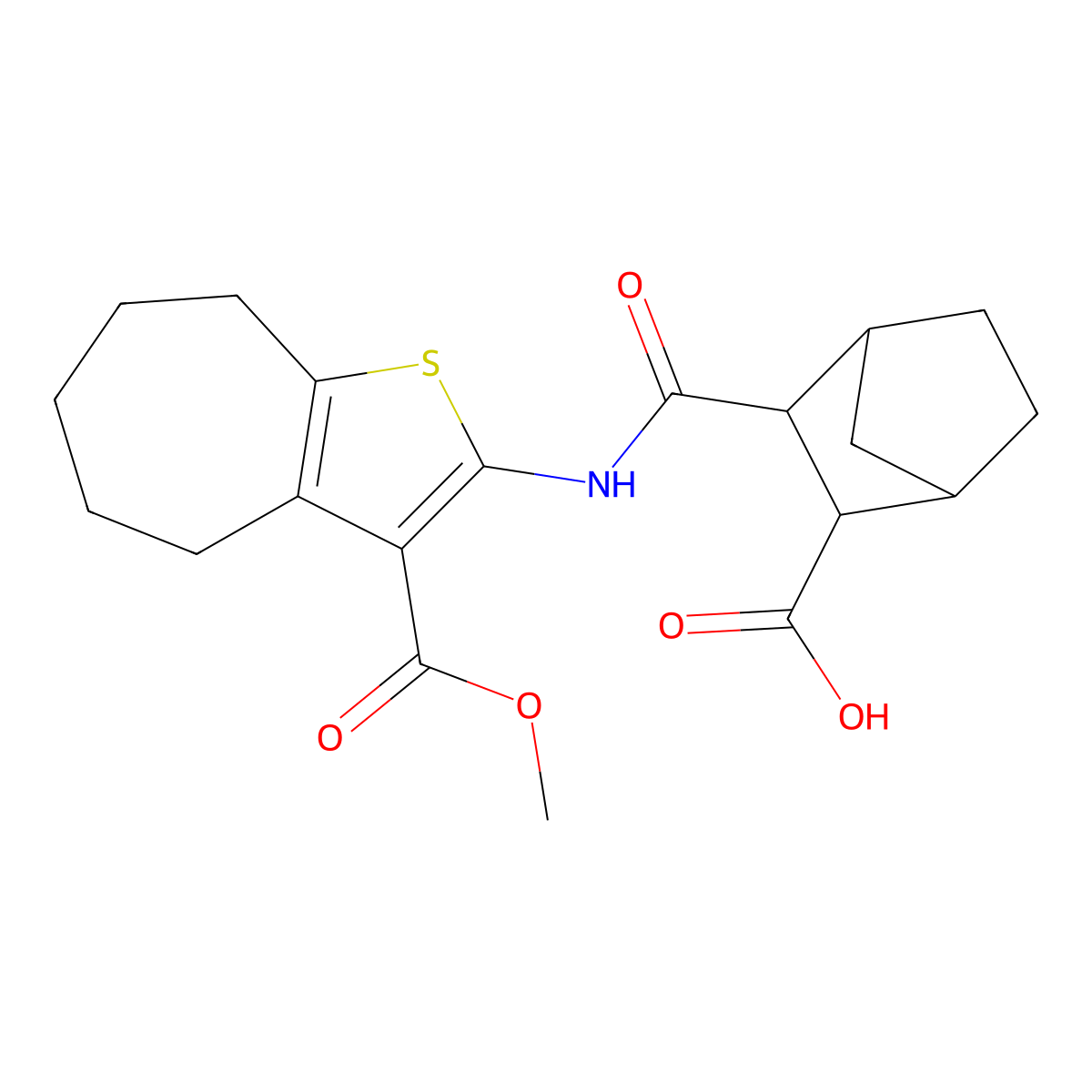 2-[(3-methoxycarbonyl-5,6,7,8-tetrahydro-4H-cyclohepta[b]thiophen-2-yl)carbamoyl]bicyclo[2.2.1]heptane-3-carboxylic acid molecular structure, CAS 1342-22-9