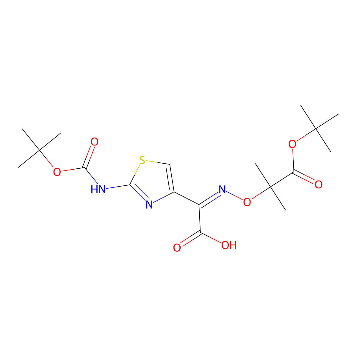 2-[2-Methyl-1-[(2-methylpropan-2-yl)oxy]-1-oxopropan-2-yl]oxyimino-2-[2-[(2-methylpropan-2-yl)oxycarbonylamino]-1,3-thiazol-4-yl]acetic acid molecular structure, CAS 134203-48-8