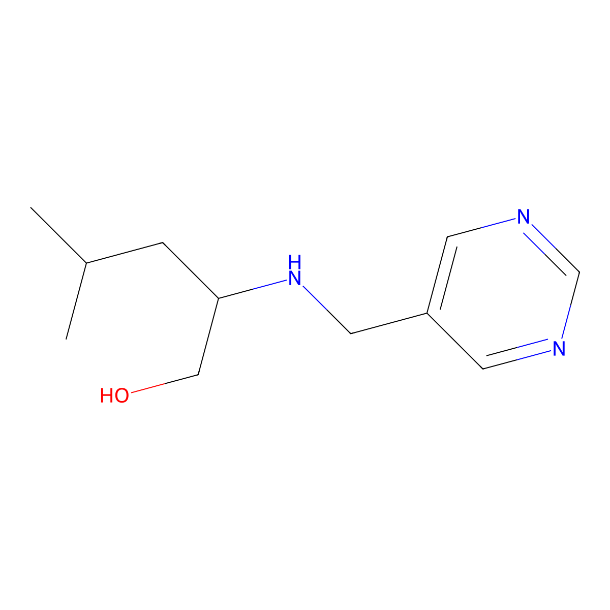 4-Methyl-2-{[(pyrimidin-5-yl)methyl]amino}pentan-1-ol molecular structure, CAS 1342079-05-3