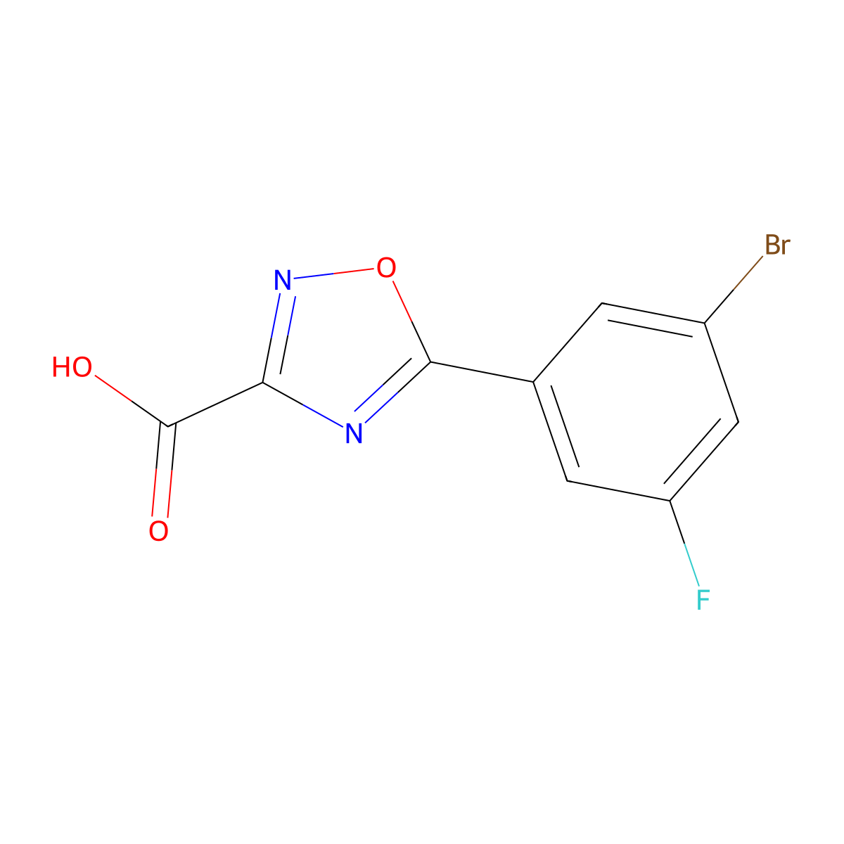 5-(3-Bromo-5-fluorophenyl)-1,2,4-oxadiazole-3-carboxylic acid molecular structure, CAS 1342356-14-2