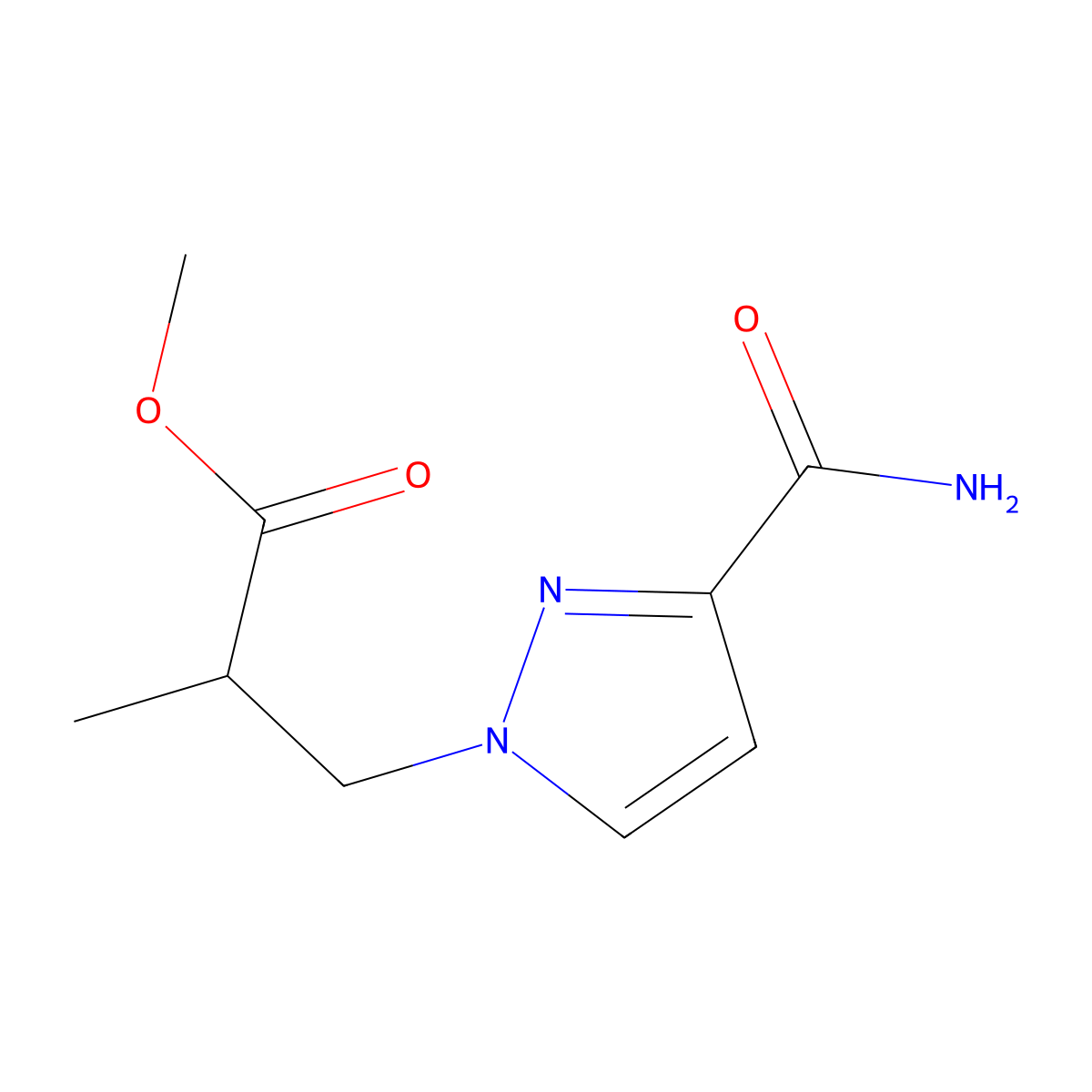 methyl 3-(3-carbamoyl-1H-pyrazol-1-yl)-2-methylpropanoate molecular structure, CAS 1342364-01-5