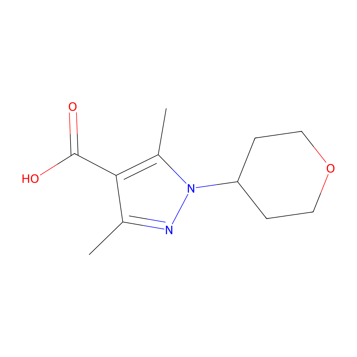 3,5-Dimethyl-1-(tetrahydro-2H-pyran-4-yl)-1H-pyrazole-4-carboxylic acid molecular structure, CAS 1342464-27-0