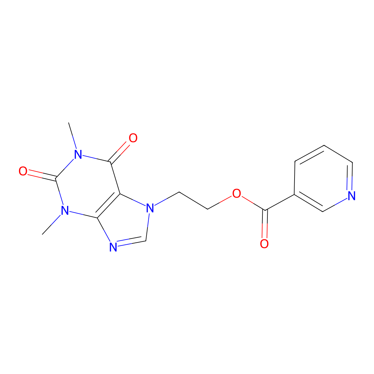 3-Pyridinecarboxylic acid, 2-(1,2,3,6-tetrahydro-1,3-dimethyl-2,6-dioxo-7H-purin-7-yl)ethyl ester molecular structure, CAS 13425-39-3