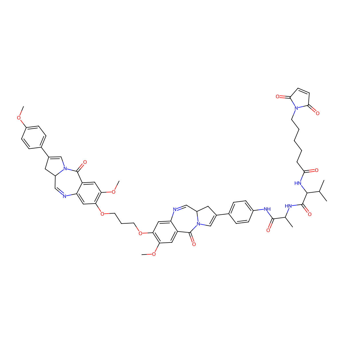 6-(2,5-dioxo-2,5-dihydro-1H-pyrrol-1-yl)-N-((S)-1-(((S)-1-((4-((S)-7-methoxy-8-(3-(((S)-7-methoxy-2-(4-methoxyphenyl)-5-oxo-5,11a-dihydro-1H-benzo[e]pyrrolo[1,2-a][1,4]diazepin-8-yl)oxy)propoxy)-5-oxo-5,11a-dihydro-1H-benzo[e]pyrrolo[1,2-a][1,4]diazepin-2-yl)phenyl)amino)-1-oxopropan-2-yl)amino)-3-methyl-1-oxobutan-2-yl)hexanamide molecular structure, CAS 1342820-51-2