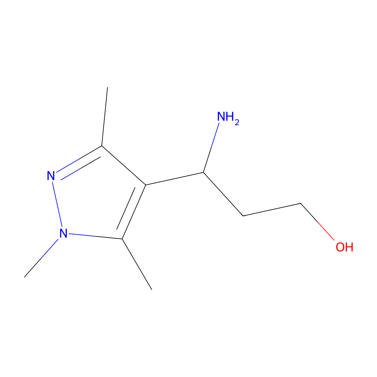 3-amino-3-(trimethyl-1H-pyrazol-4-yl)propan-1-ol molecular structure, CAS 1342876-90-7