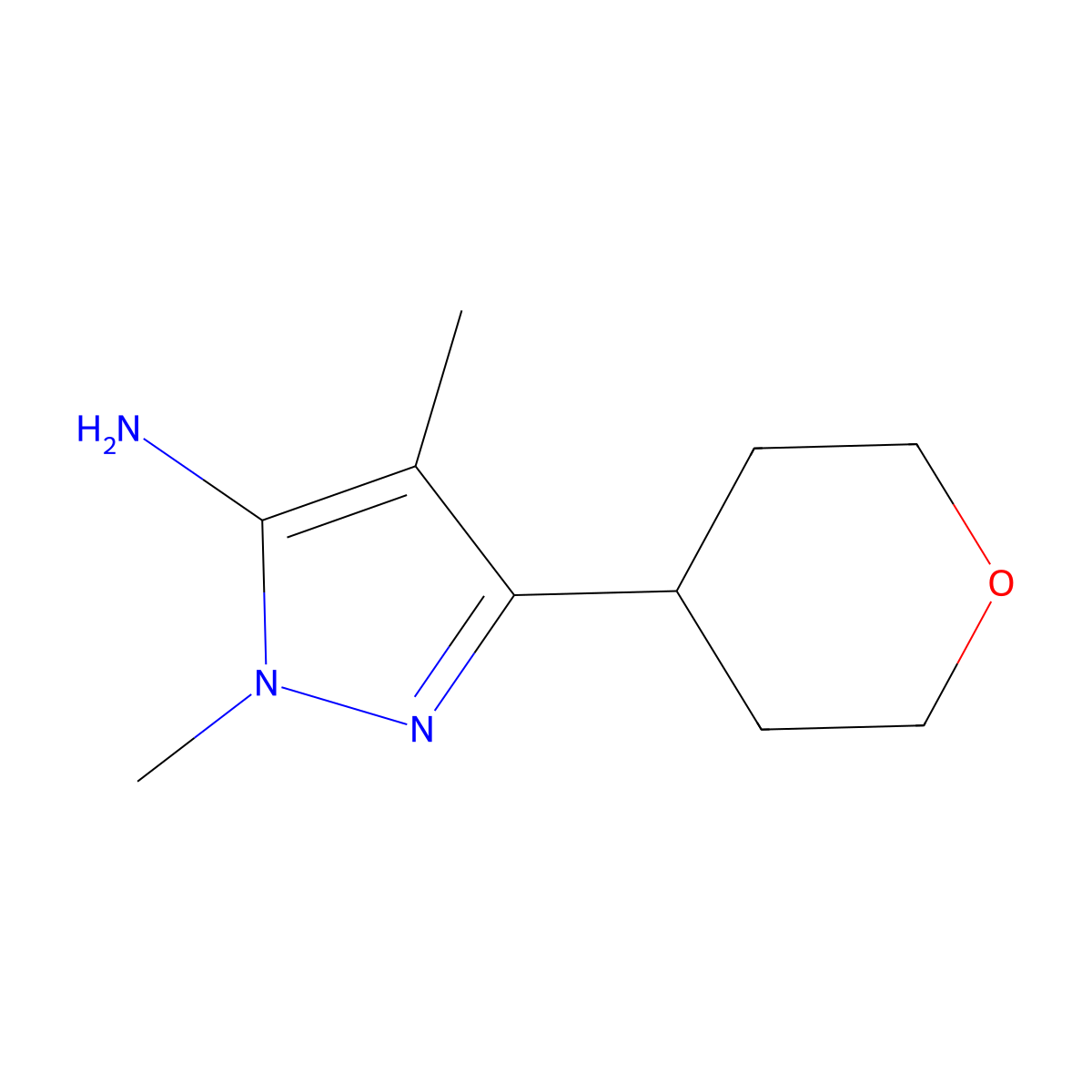 1,4-dimethyl-3-(oxan-4-yl)-1H-pyrazol-5-amine molecular structure, CAS 1342877-18-2