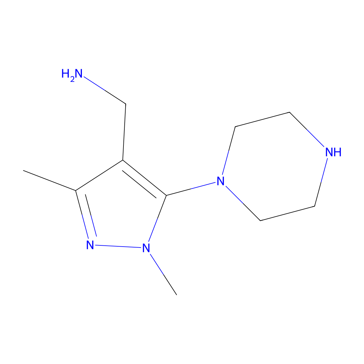 [1,3-dimethyl-5-(piperazin-1-yl)-1H-pyrazol-4-yl]methanamine molecular structure, CAS 1343173-94-3