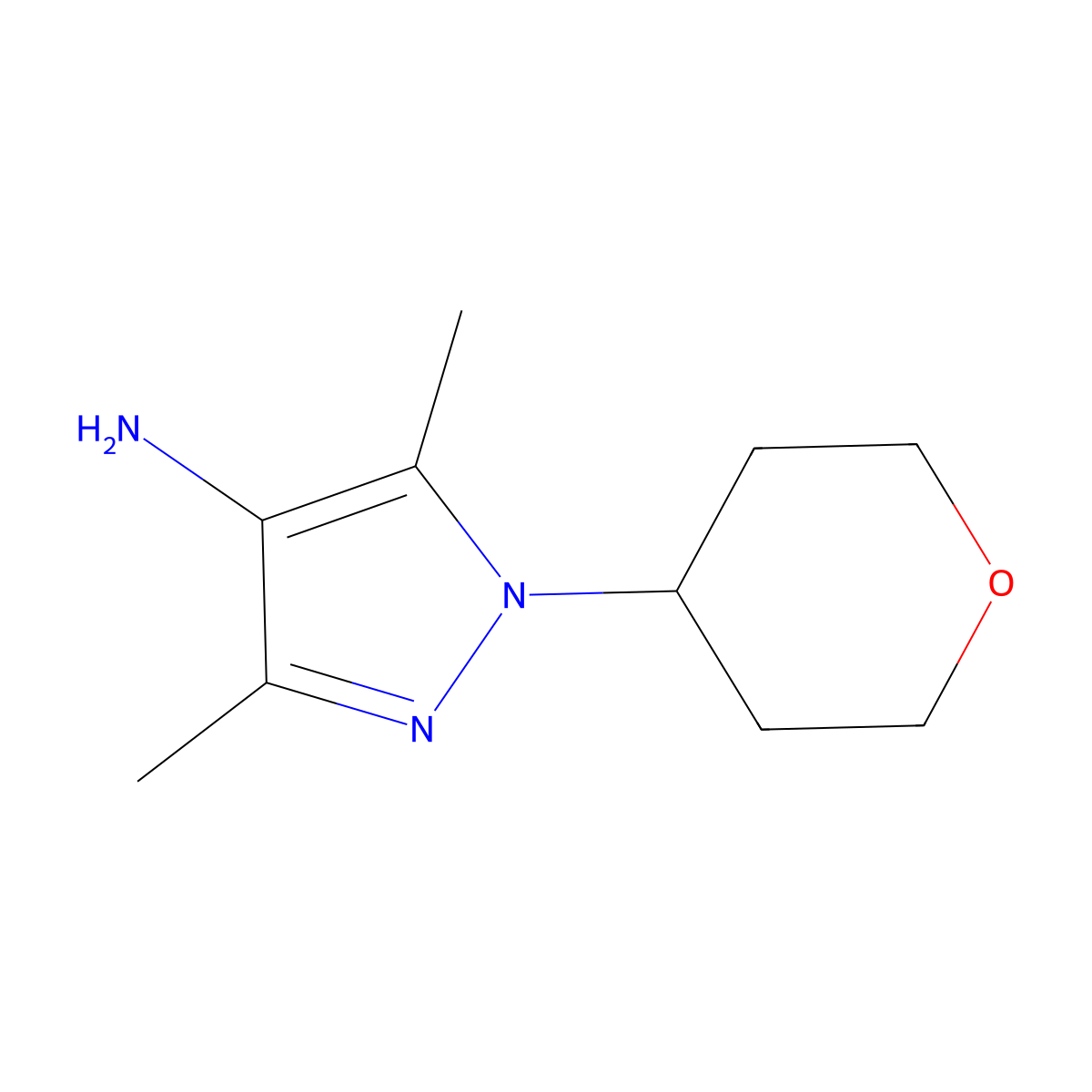 3,5-dimethyl-1-(oxan-4-yl)-1H-pyrazol-4-amine molecular structure, CAS 1343393-99-6