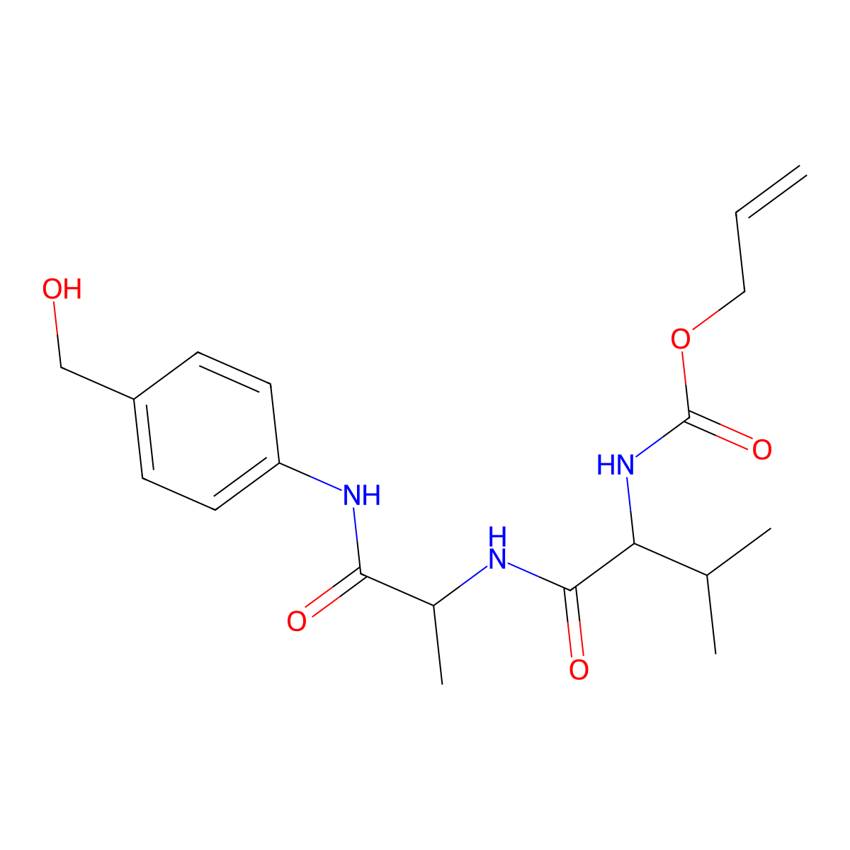 Allyl ((S)-1-(((S)-1-((4-(hydroxymethyl)phenyl)amino)-1-oxopropan-2-yl)amino)-3-methyl-1-oxobutan-2-yl)carbamate molecular structure, CAS 1343407-91-9