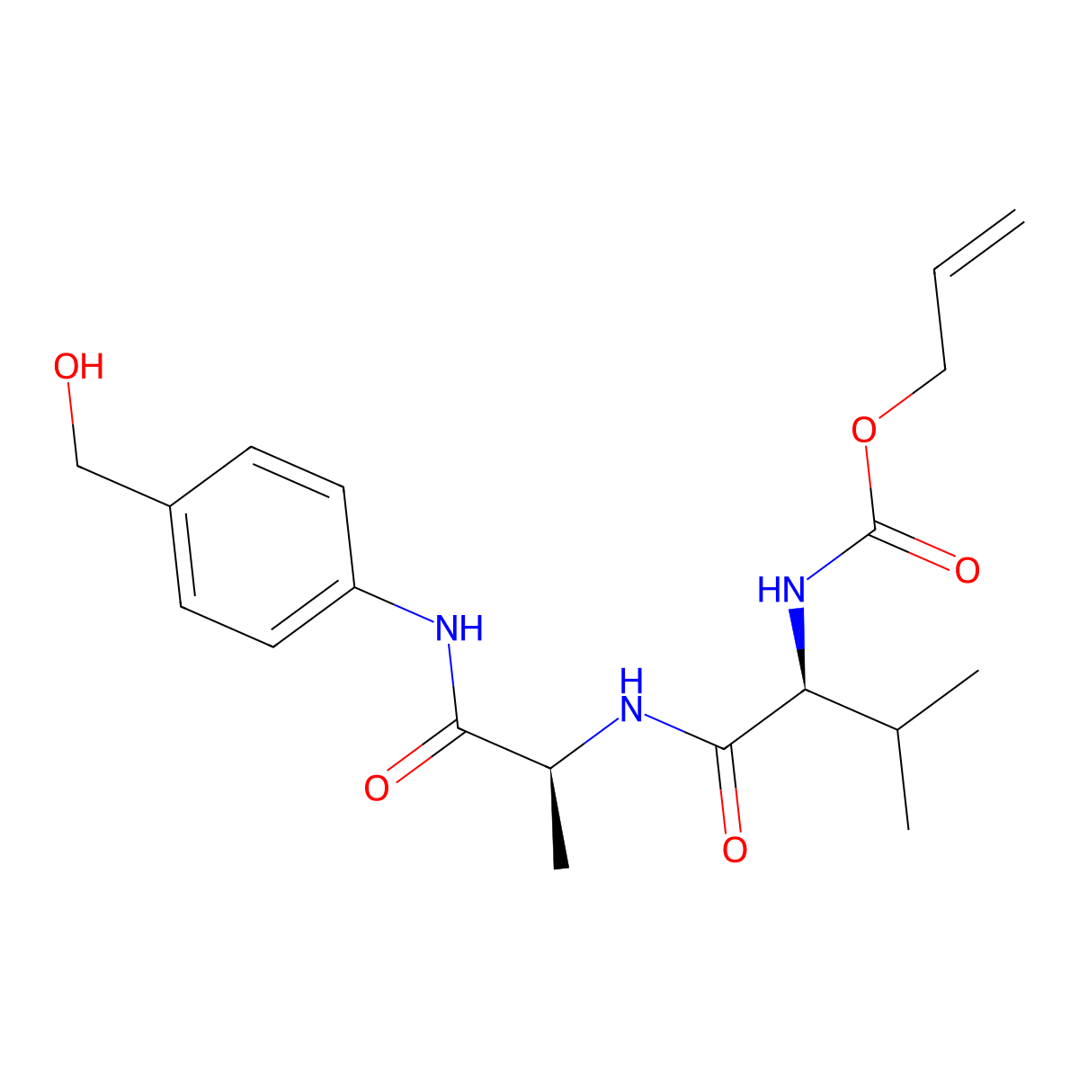 Allyl ((S)-1-(((S)-1-((4-(hydroxymethyl)phenyl)amino)-1-oxopropan-2-yl)amino)-3-methyl-1-oxobutan-2-yl)carbamate molecular structure, CAS 1343407-91-9