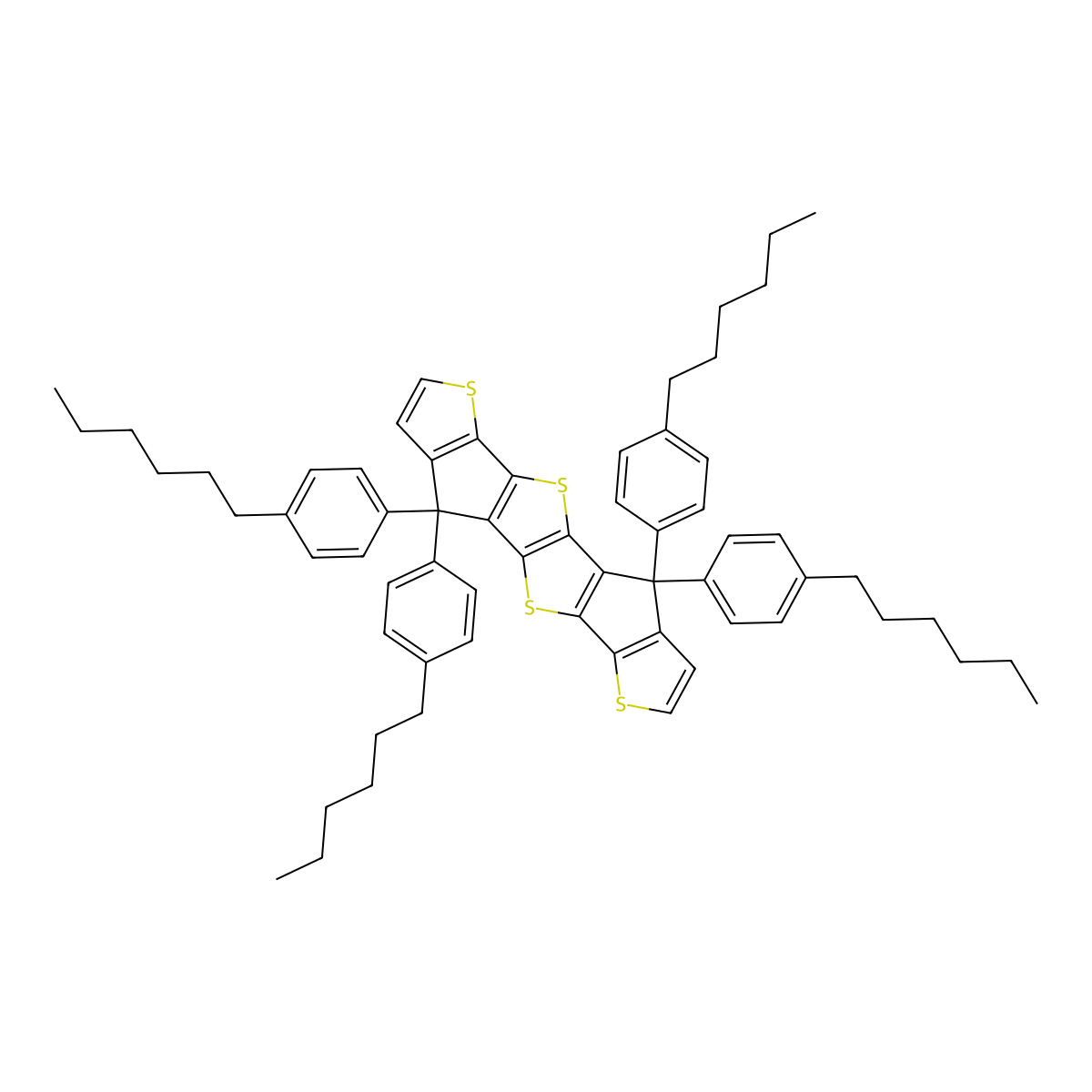 4,4,9,9-Tetrakis(4-hexylphenyl)-4,9-dihydrothieno[3',2':4,5]cyclopenta[1,2-b]thieno[2'',3'':3',4']cyclopenta[1',2':4,5]thieno[2,3-d]thiophene molecular structure, CAS 1343457-63-5