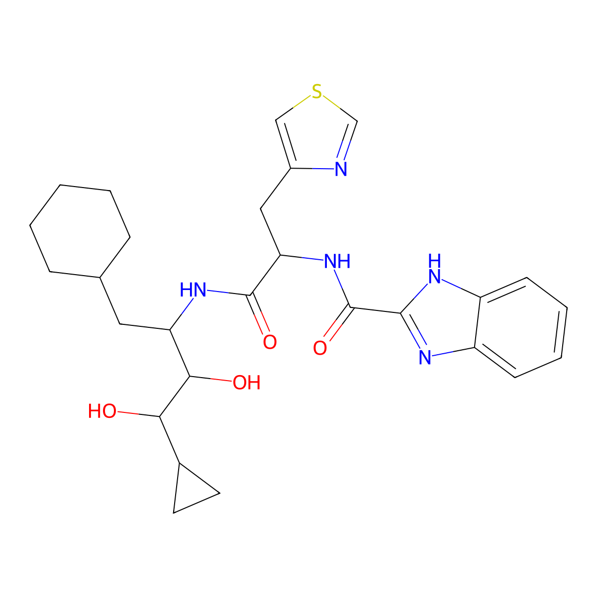 N-[(1R)-2-[[(1S,2R,3S)-1-(Cyclohexylmethyl)-3-cyclopropyl-2,3-dihydroxypropyl]amino]-2-oxo-1-(thiazol-4-ylmethyl)ethyl]-1H-benzo[D]imidazole-2-carboxamide molecular structure, CAS 134362-79-1