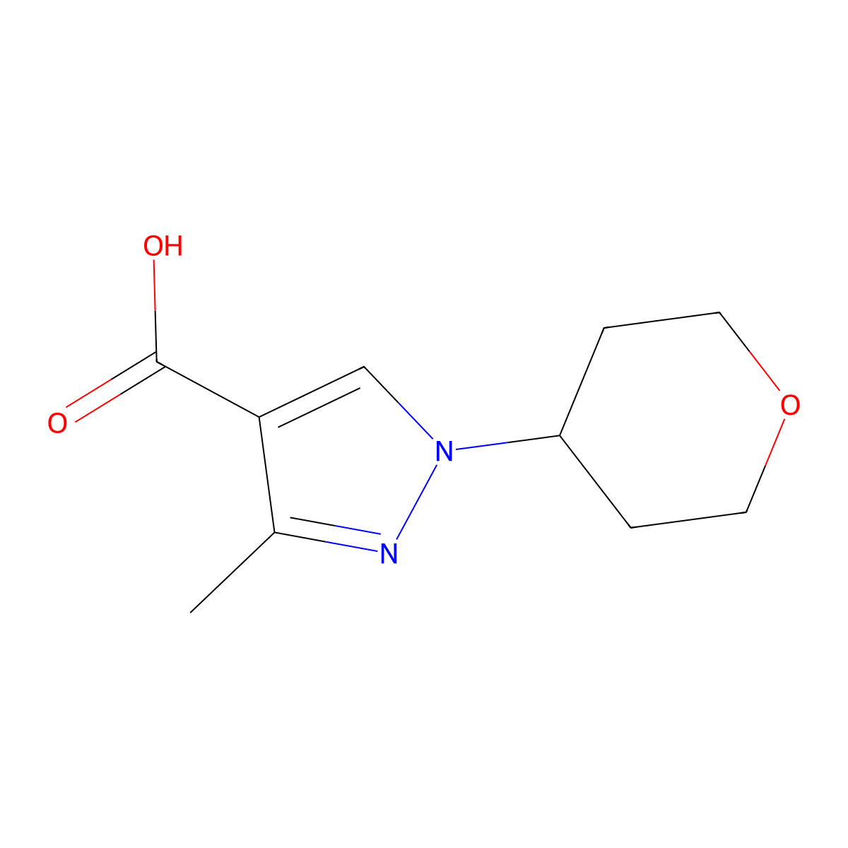 3-methyl-1-(oxan-4-yl)-1H-pyrazole-4-carboxylic acid molecular structure, CAS 1343972-83-7