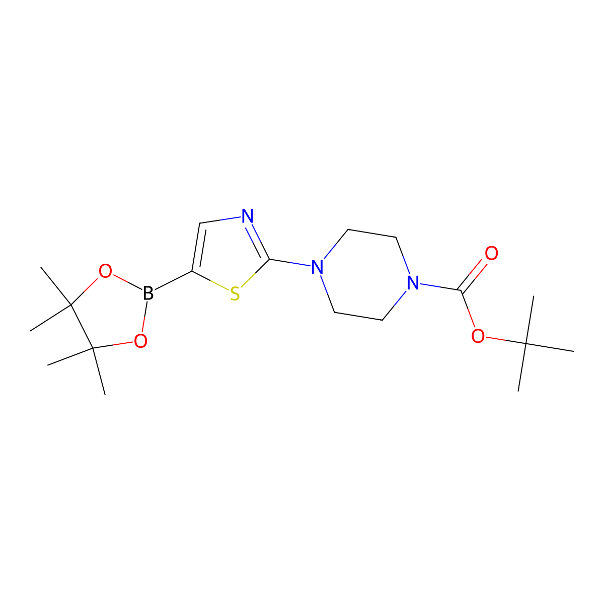 tert-Butyl 4-(5-(4,4,5,5-tetramethyl-1,3,2-dioxaborolan-2-yl)thiazol-2-yl)piperazine-1-carboxylate molecular structure, CAS 1344124-61-3