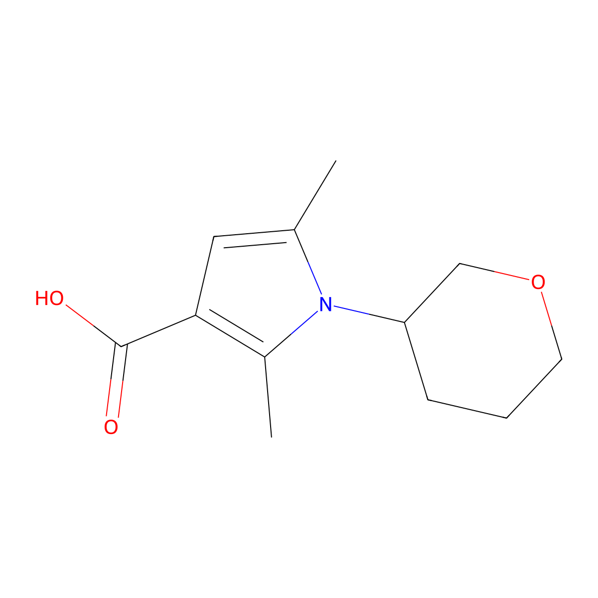 2,5-dimethyl-1-(oxan-3-yl)-1H-pyrrole-3-carboxylic acid molecular structure, CAS 1344295-04-0