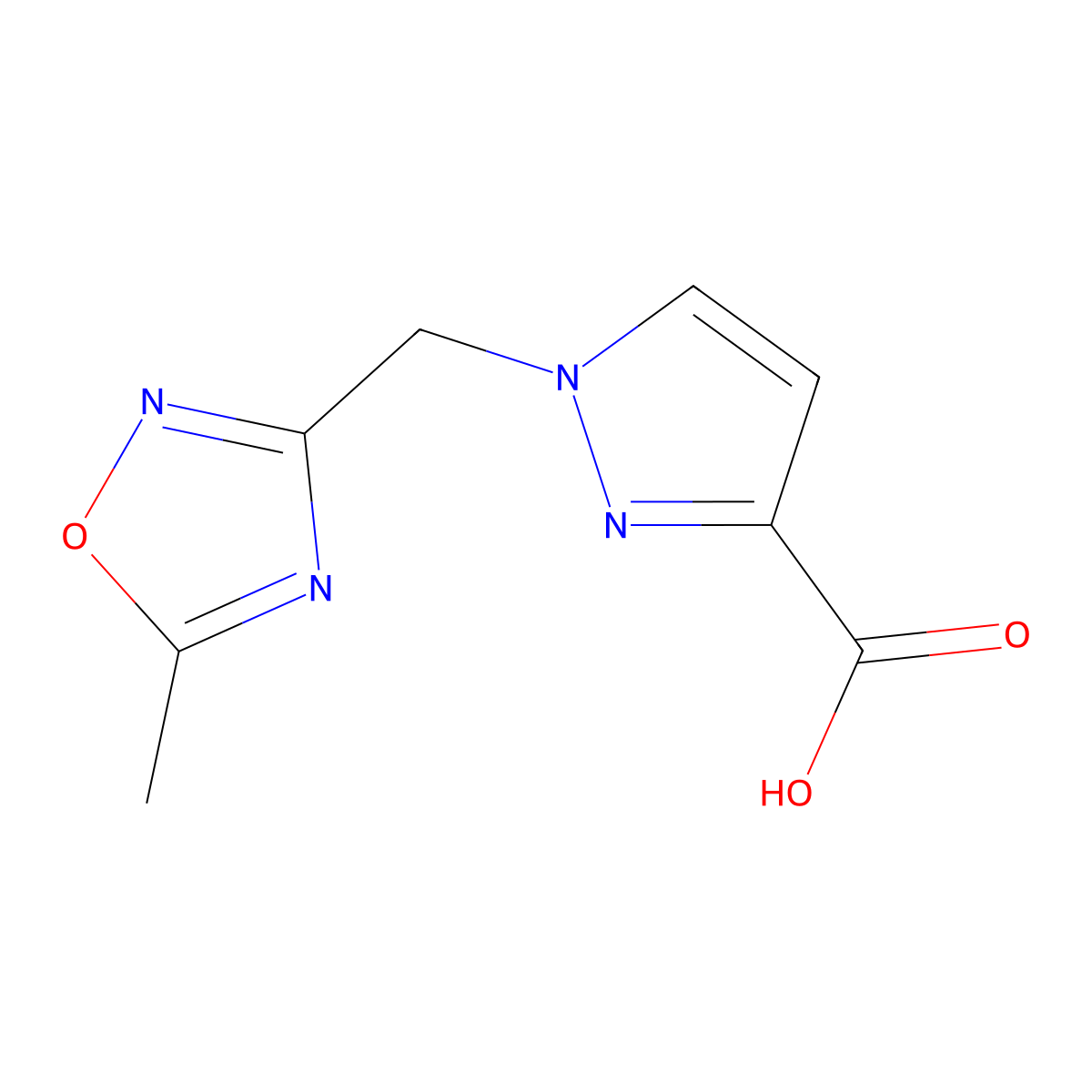 1-((5-Methyl-1,2,4-oxadiazol-3-yl)methyl)-1H-pyrazole-3-carboxylic acid molecular structure, CAS 1344356-41-7