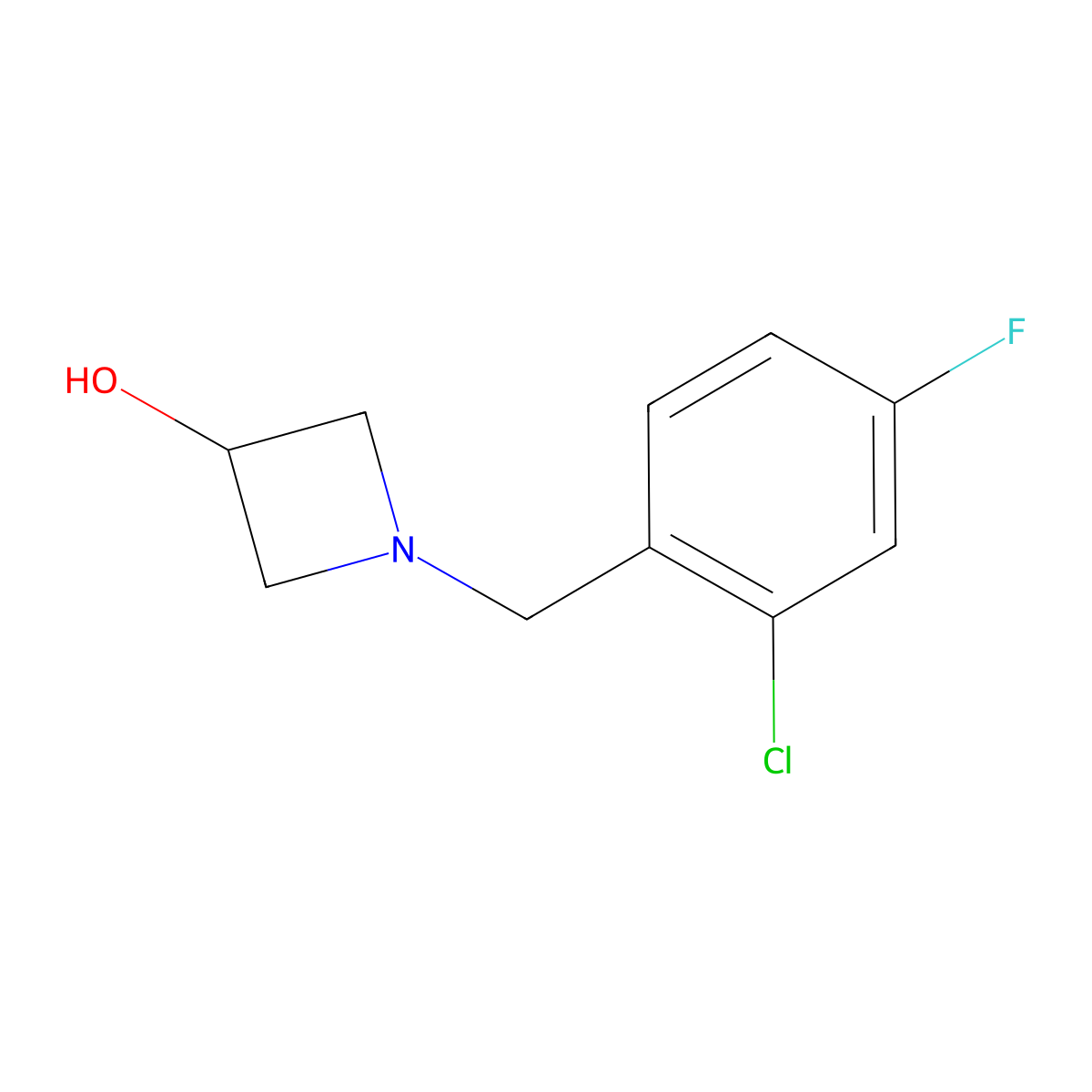 1-[(2-Chloro-4-fluorophenyl)methyl]azetidin-3-ol molecular structure, CAS 1344374-50-0
