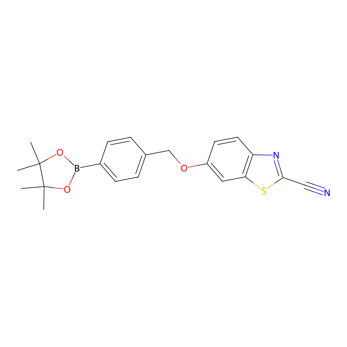 6-((4-(4,4,5,5-Tetramethyl-1,3,2-dioxaborolan-2-yl)benzyl)oxy)benzo[d]thiazole-2-carbonitrile molecular structure, CAS 1344979-77-6
