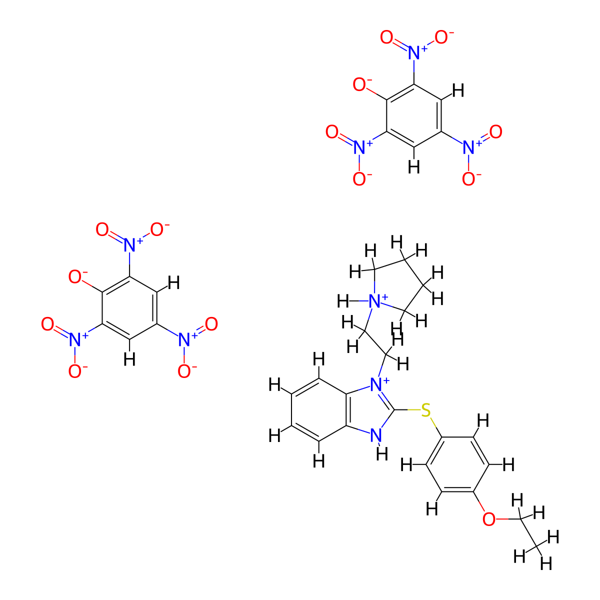 Benzimidazole, 2-((p-ethoxyphenyl)thio)-1-(2-(1-pyrrolidinyl)ethyl)-, dipicrate molecular structure, CAS 13451-94-0