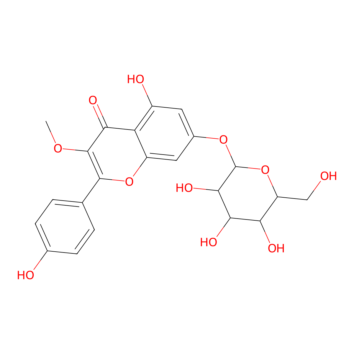 7-(beta-D-Glucopyranosyloxy)-5-hydroxy-2-(4-hydroxyphenyl)-3-methoxy-4H-1-benzopyran-4-one molecular structure, CAS 13454-27-8