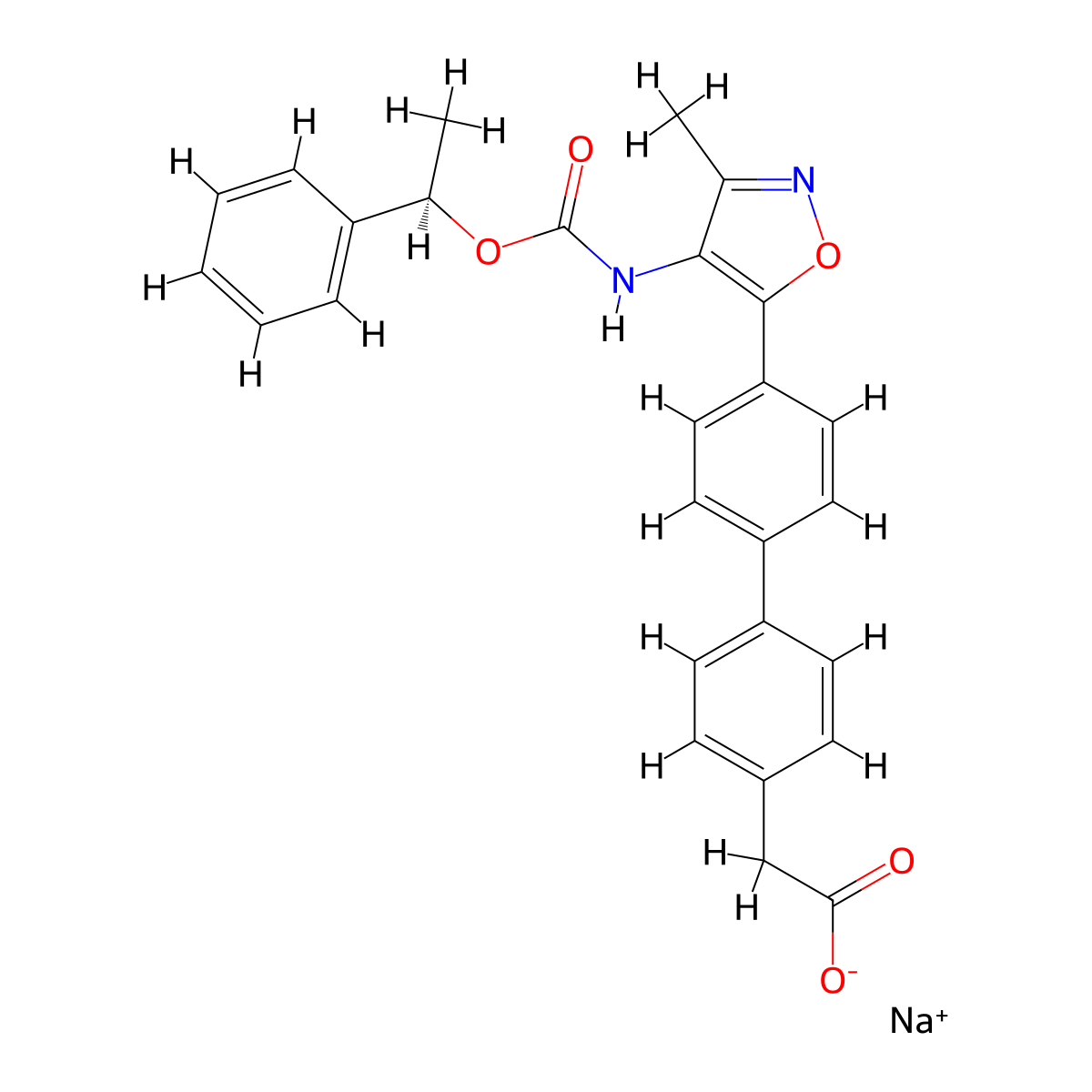 Sodium (R)-2-(4'-(3-methyl-4-(((1-phenylethoxy)carbonyl)amino)isoxazol-5-yl)-[1,1'-biphenyl]-4-yl)acetate molecular structure, CAS 1345614-59-6