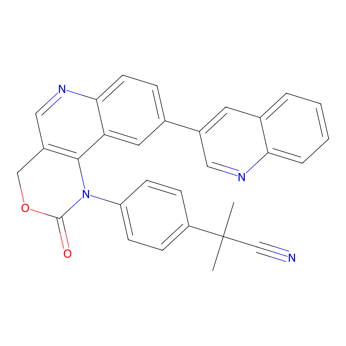 2-methyl-2-(4-(2-oxo-9-(quinolin-3-yl)-2,4-dihydro-1H-[1,3]oxazino[5,4-c]quinolin-1-yl)phenyl)propanenitrile molecular structure, CAS 1345675-02-6