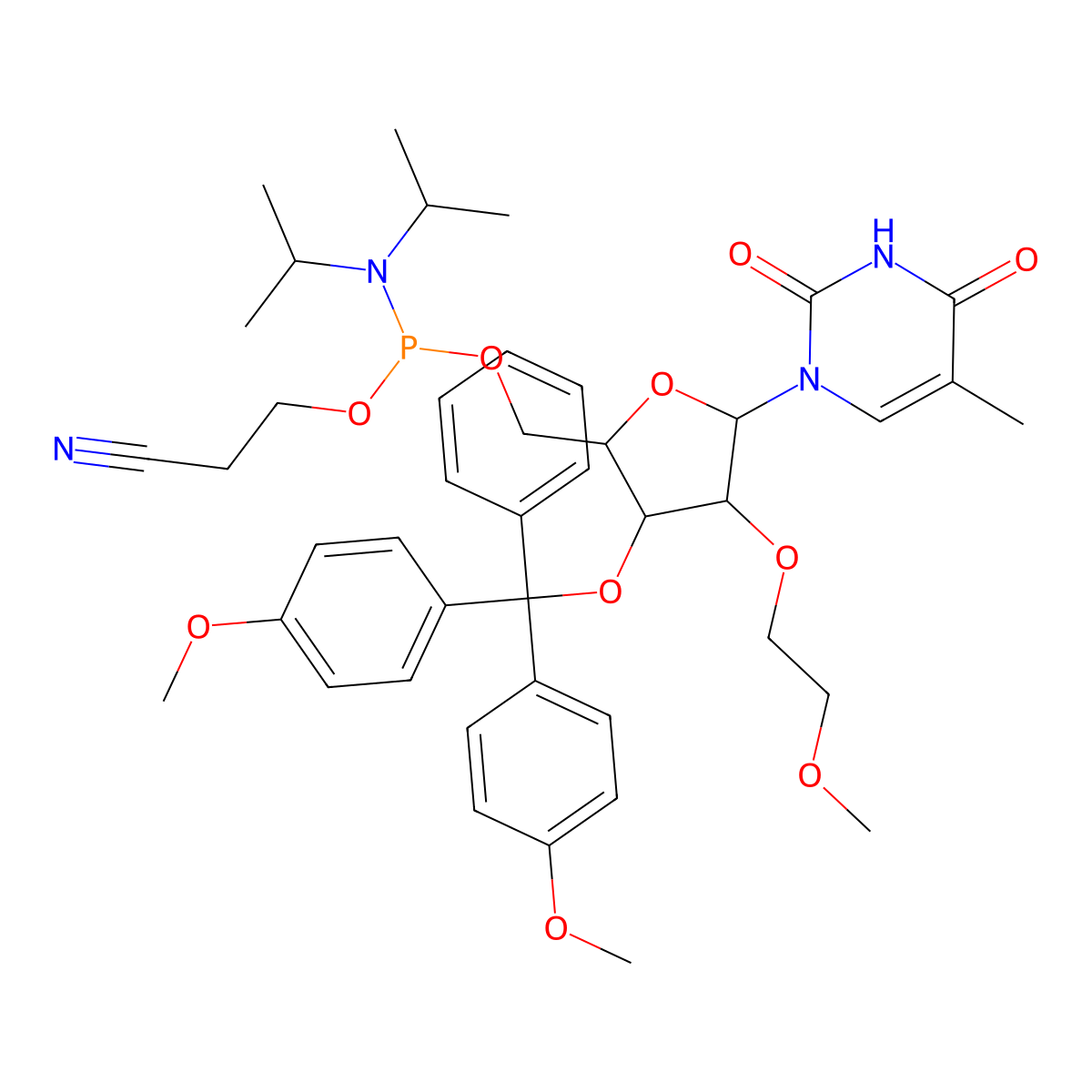 ((2R,3R,4R,5R)-3-(Bis(4-methoxyphenyl)(phenyl)methoxy)-4-(2-methoxyethoxy)-5-(5-methyl-2,4-dioxo-3,4-dihydropyrimidin-1(2H)-yl)tetrahydrofuran-2-yl)methyl (2-cyanoethyl) diisopropylphosphoramidite molecular structure, CAS 1345715-43-6