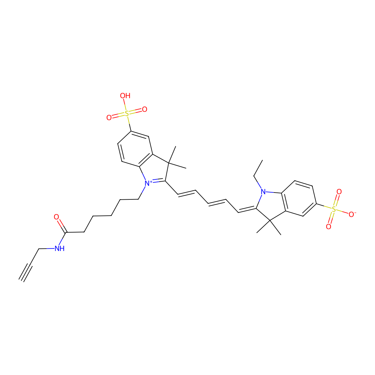 2-((1E,3E,5E)-5-(3,3-dimethyl-1-(6-oxo-6-(prop-2-yn-1-ylamino)hexyl)-5-sulfoindolin-2-ylidene)penta-1,3-dien-1-yl)-1-ethyl-3,3-dimethyl-3H-indol-1-ium-5-sulfonate molecular structure, CAS 1345823-20-2
