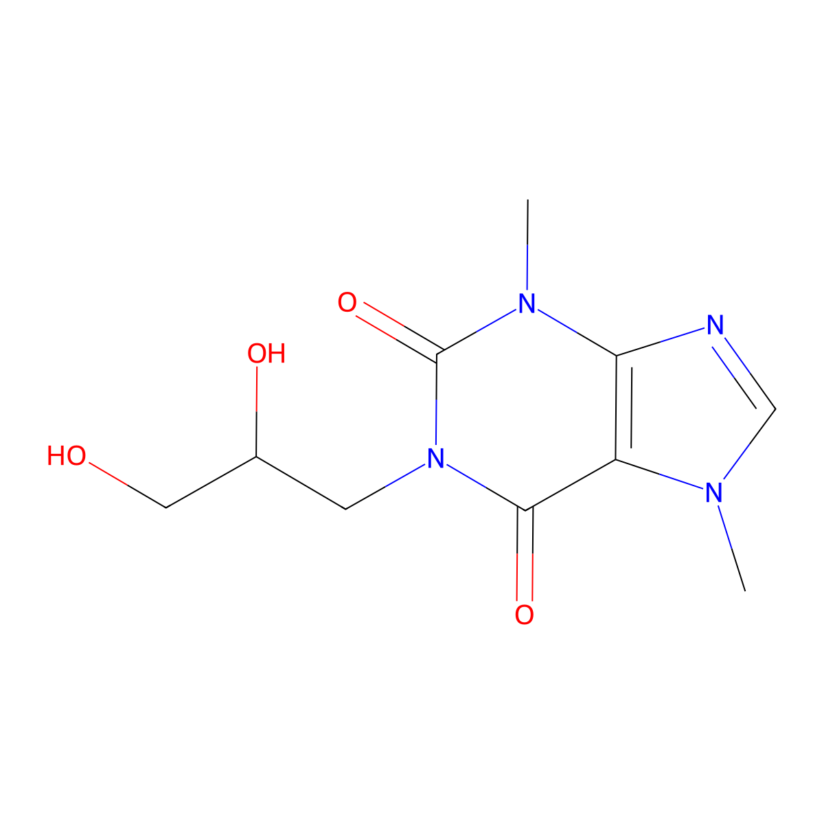 Dihydroxypropyltheobromine molecular structure, CAS 13460-96-3