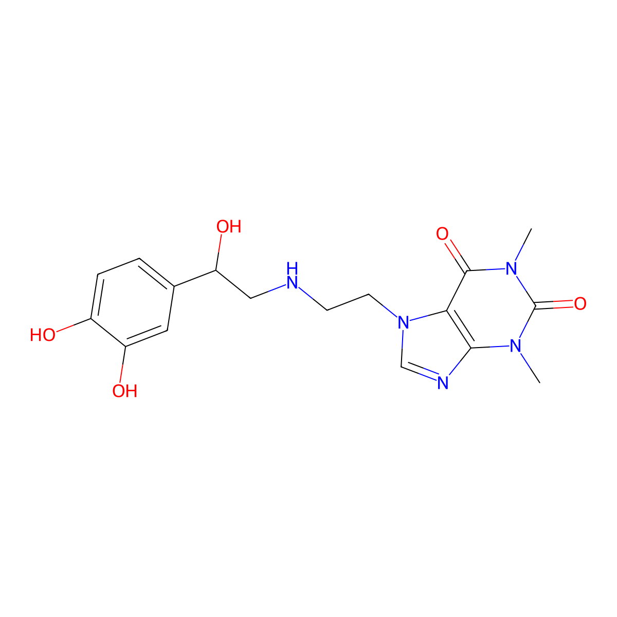 7-(2-((2-(3,4-Dihydroxyphenyl)-2-hydroxyethyl)amino)ethyl)-3,7-dihydro-1,3-dimethyl-1H-purine-2,6-dione molecular structure, CAS 13460-98-5