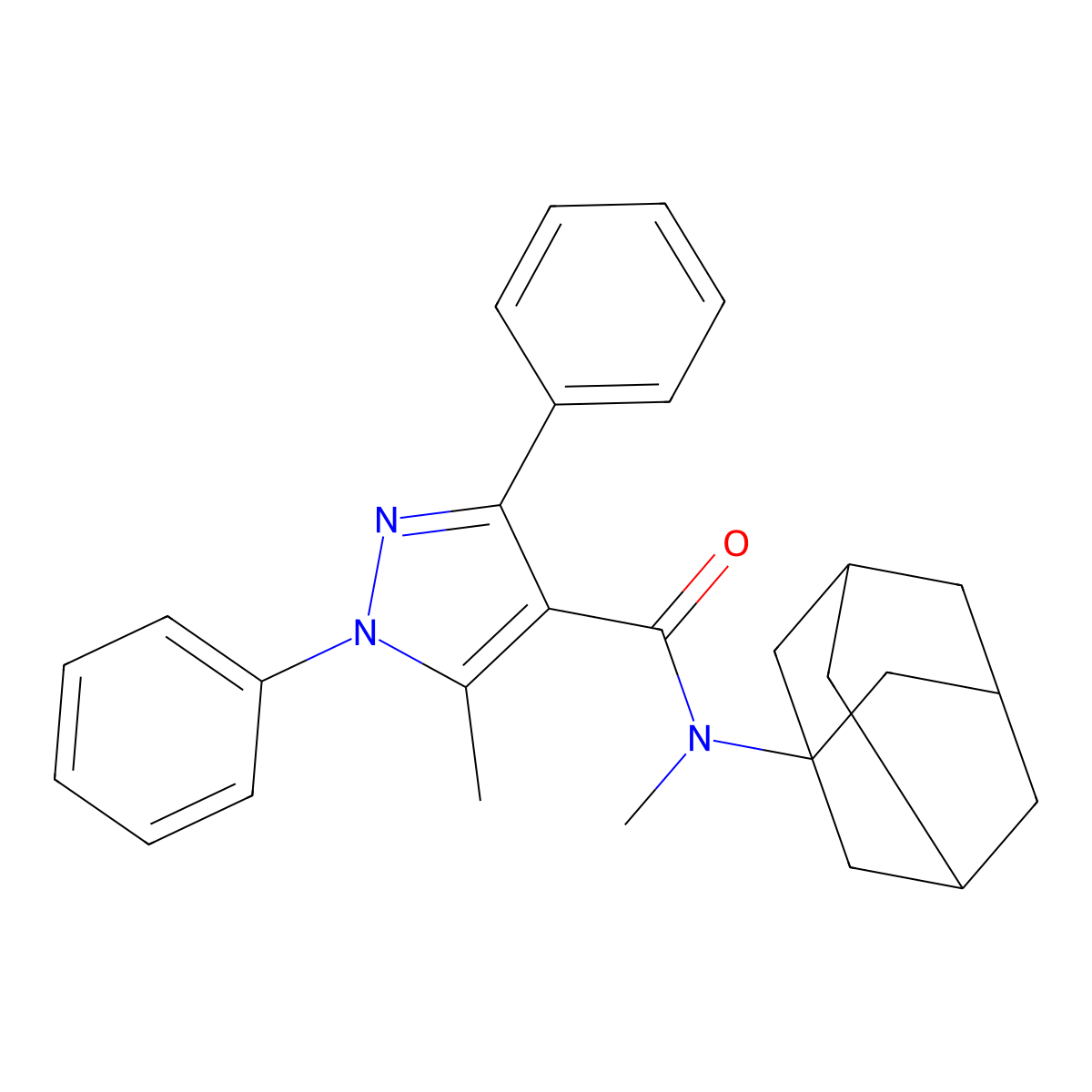 1H-Pyrazole-4-carboxamide, N,5-dimethyl-1,3-diphenyl-N-tricyclo(3.3.1.1(sup 3,7))dec-1-yl- molecular structure, CAS 134619-52-6