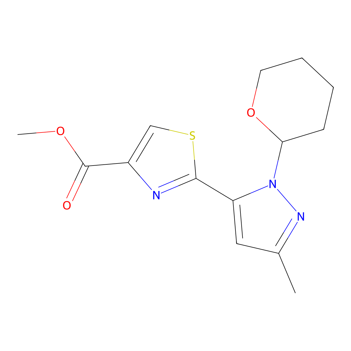 Methyl 2-(3-methyl-1-(tetrahydro-2H-pyran-2-yl)-1H-pyrazol-5-yl)thiazole-4-carboxylate molecular structure, CAS 1346219-54-2