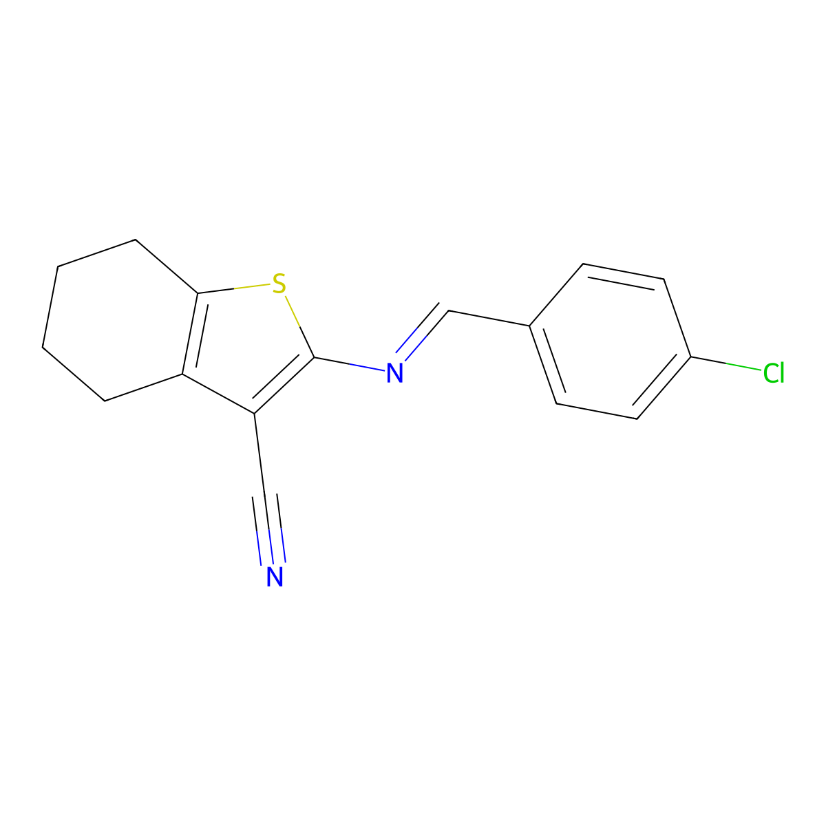Benzothiophene-3-carbonitrile, 4,5,6,7-tetrahydro-2-(4-chlorobenzylidenamino)- molecular structure, CAS 1346414-21-8