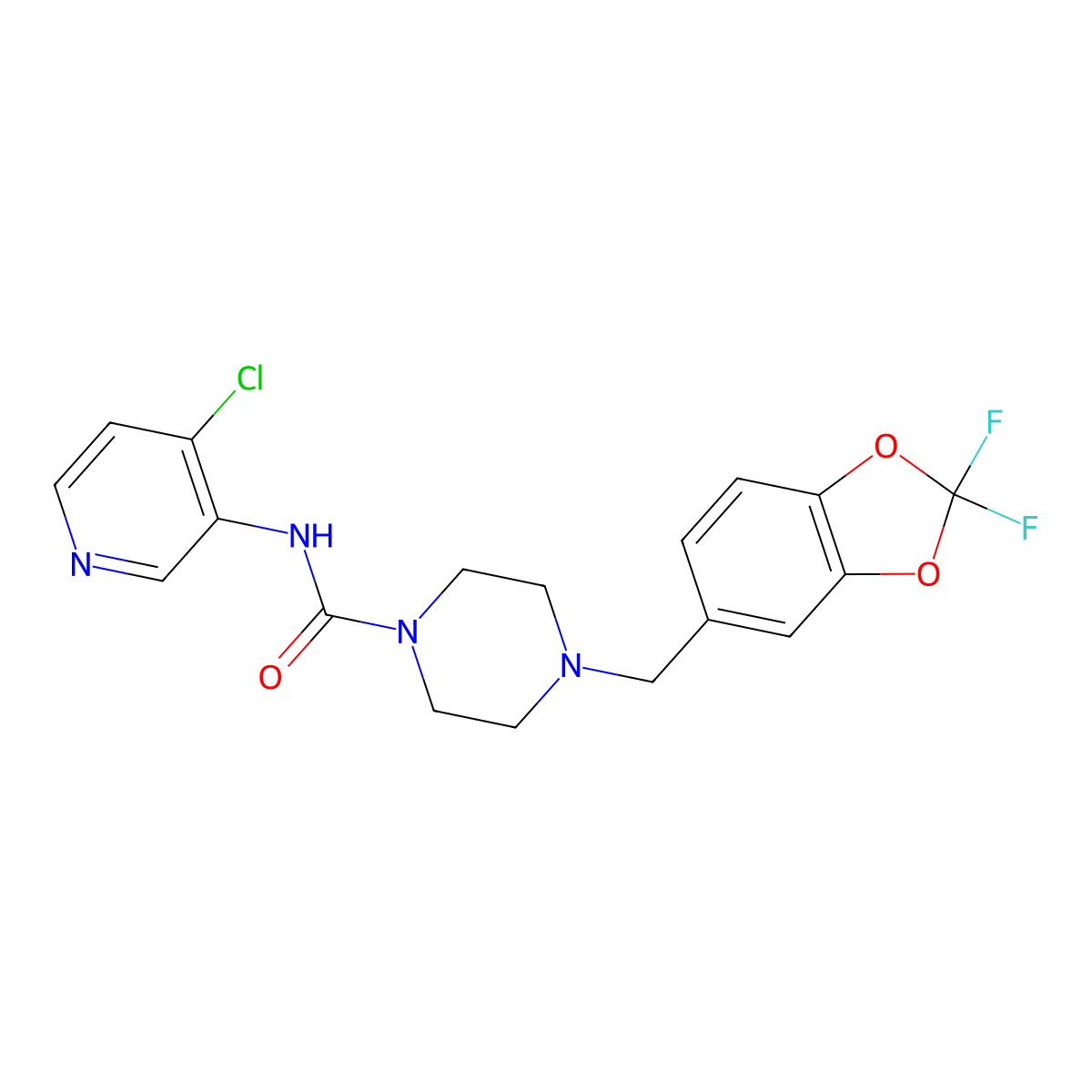 N-(4-Chloro-3-pyridinyl)-4-((2,2-difluoro-1,3-benzodioxol-5-yl)methyl)-1-piperazinecarboxamide molecular structure, CAS 1346528-50-4