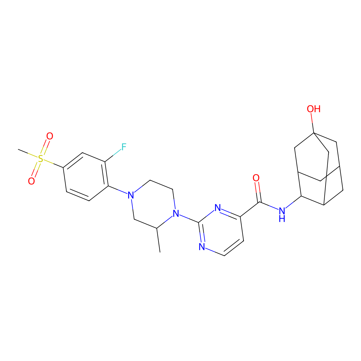 2-((R)-4-(2-Fluoro-4-(methylsulfonyl)phenyl)-2-methylpiperazin-1-yl)-N-((1R,2s,3S,5S,7S)-5-hydroxyadamantan-2-yl)pyrimidine-4-carboxamide molecular structure, CAS 1346554-47-9