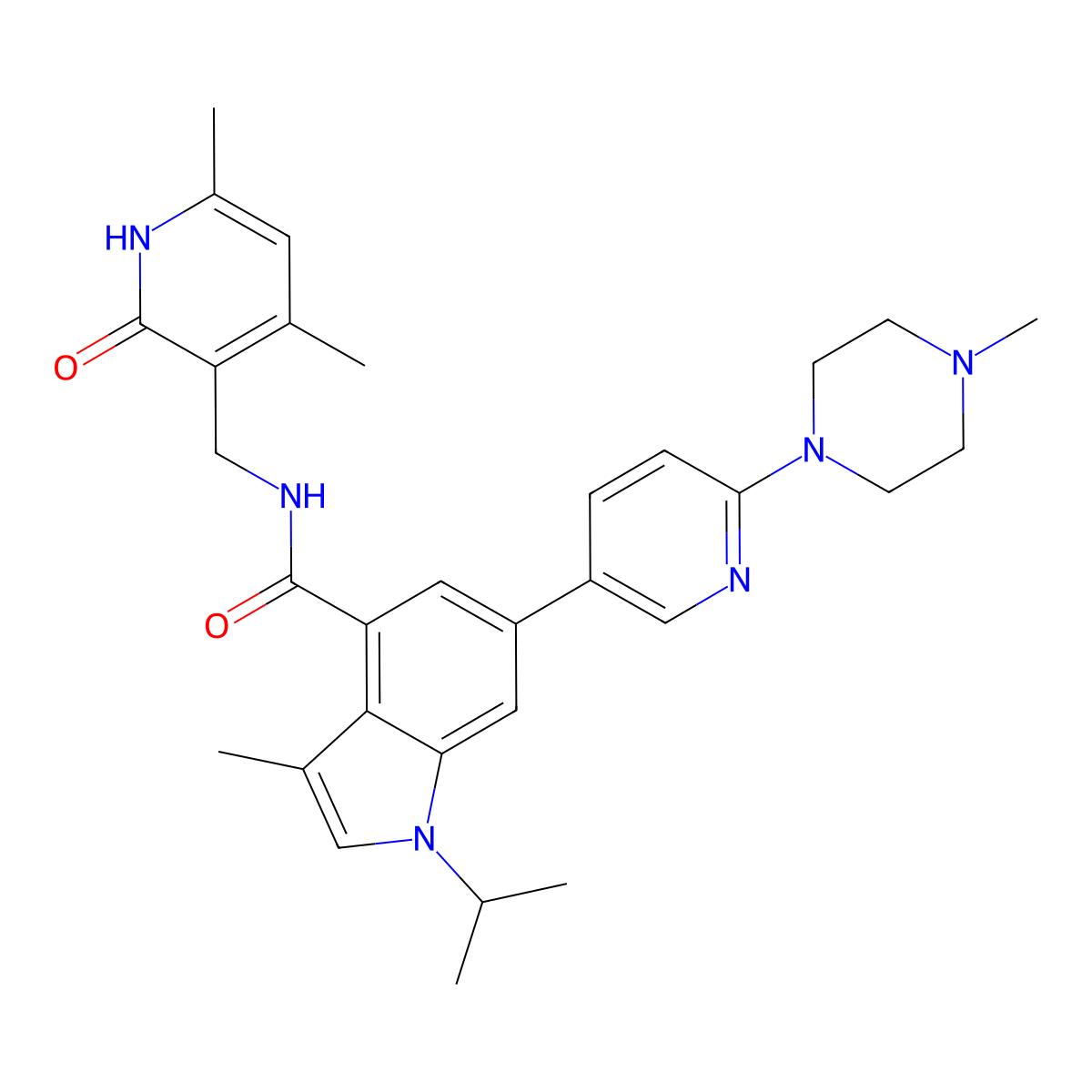 N-((4,6-Dimethyl-2-oxo-1,2-dihydropyridin-3-yl)methyl)-1-isopropyl-3-methyl-6-(6-(4-methylpiperazin-1-yl)pyridin-3-yl)-1H-indole-4-carboxamide molecular structure, CAS 1346572-63-1