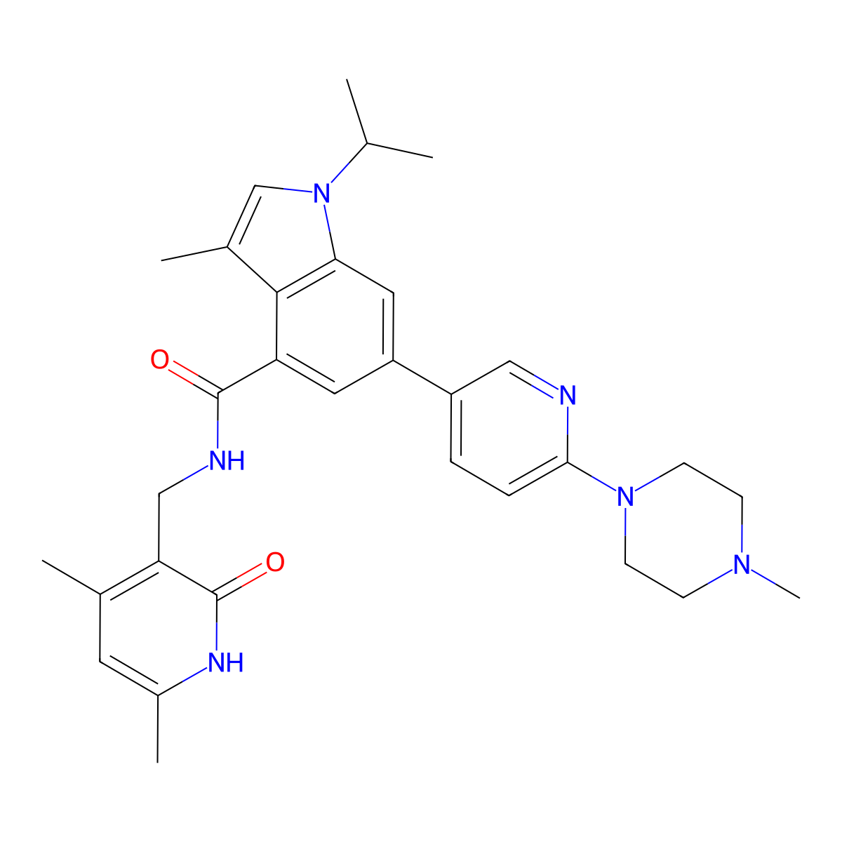 N-((4,6-Dimethyl-2-oxo-1,2-dihydropyridin-3-yl)methyl)-1-isopropyl-3-methyl-6-(6-(4-methylpiperazin-1-yl)pyridin-3-yl)-1H-indole-4-carboxamide molecular structure, CAS 1346572-63-1