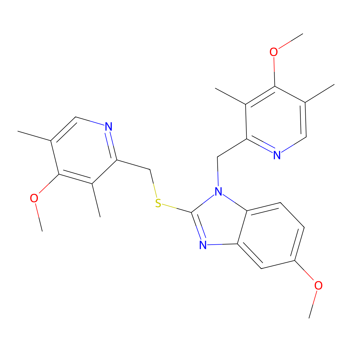 5-Methoxy-1-((4-methoxy-3,5-dimethylpyridin-2-yl)methyl)-2-(((4-methoxy-3,5-dimethylpyridin-2-yl)methyl)thio)-1H-benzo[d]imidazole molecular structure, CAS 1346600-29-0