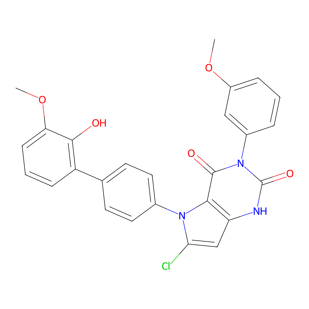 6-Chloro-5-(2'-hydroxy-3'-methoxy-[1,1'-biphenyl]-4-yl)-3-(3-methoxyphenyl)-1H-pyrrolo[3,2-d]pyrimidine-2,4(3H,5H)-dione molecular structure, CAS 1346607-05-3