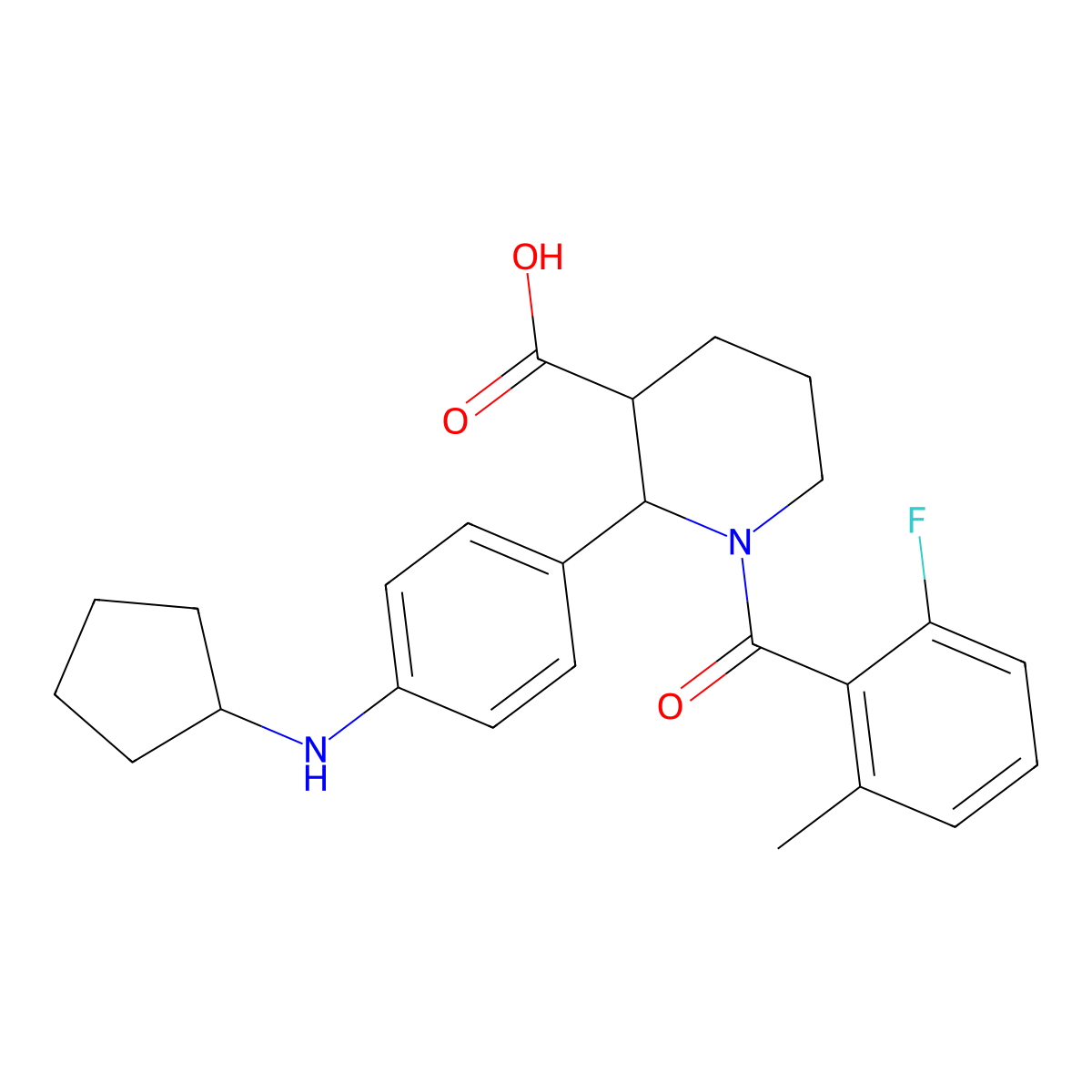 (2R,3S)-2-(4-(cyclopentylamino)phenyl)-1-(2-fluoro-6-methylbenzoyl)piperidine-3-carboxylic acid molecular structure, CAS 1346623-11-7