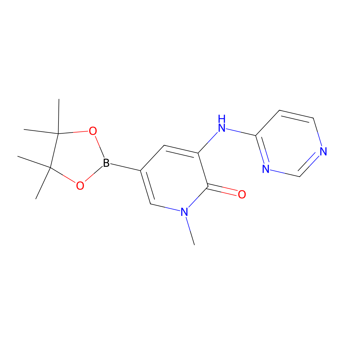 1-methyl-3-(pyrimidin-4-ylamino)-5-(4,4,5,5-tetramethyl-1,3,2-dioxaborolan-2-yl)pyridin-2(1H)-one molecular structure, CAS 1346672-60-3