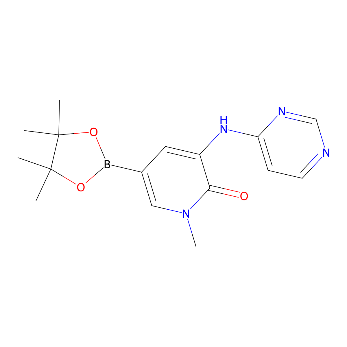 1-methyl-3-(pyrimidin-4-ylamino)-5-(4,4,5,5-tetramethyl-1,3,2-dioxaborolan-2-yl)pyridin-2(1H)-one molecular structure, CAS 1346672-60-3