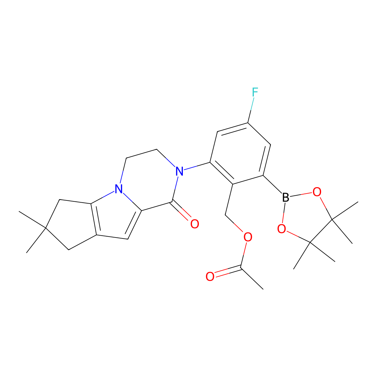 2-(7,7-dimethyl-1-oxo-3,4,7,8-tetrahydro-1H-cyclopenta[4,5]pyrrolo[1,2-a]pyrazin-2(6H)-yl)-4-fluoro-6-(4,4,5,5-tetramethyl-1,3,2-dioxaborolan-2-yl)benzyl acetate molecular structure, CAS 1346675-25-9