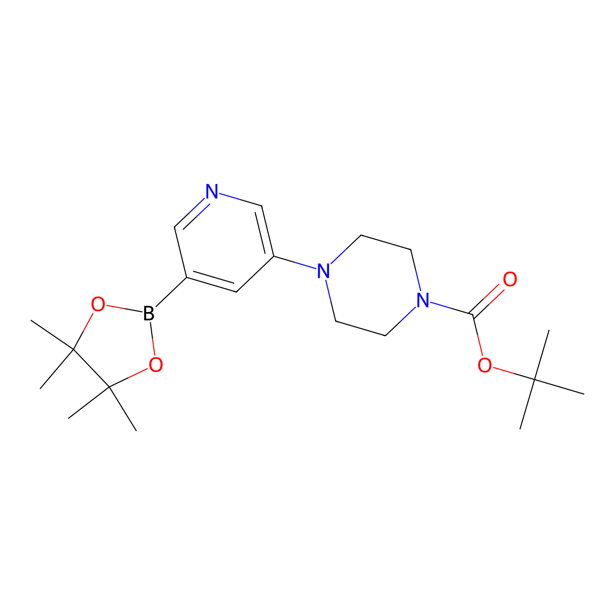 Tert-butyl 4-(5-(4,4,5,5-tetramethyl-1,3,2-dioxaborolan-2-yl)pyridin-3-yl)piperazine-1-carboxylate molecular structure, CAS 1346808-98-7